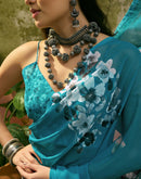 Teal Blue Georgette Floral Printed Saree
