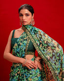 Dark Green Chiffon Printed Saree