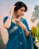 Peacock Blue Chiffon Woven Border Saree