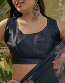 Navy Blue Satin Floral Printed Saree