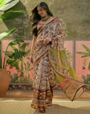 Beige Cotton Linen Printed Saree