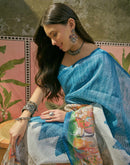 Navy Blue Shimmer Silk Printed Saree