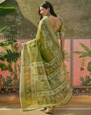 Mehndi Green Cotton Linen Printed Saree