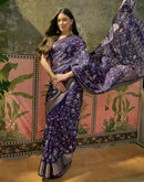 Navy Blue Silk Printed Zari Stripe Saree 