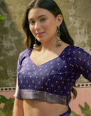 Navy Blue Silk Printed Zari Stripe Saree 