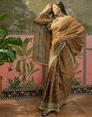 Dark Brown Mustard Khadi Printed Saree