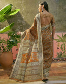 Dark Brown Mustard Khadi Printed Saree