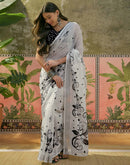Off White Linen Floral Printed Saree