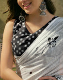 Off White Linen Floral Printed Saree