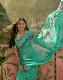 Mint Green Linen Floral Printed Saree