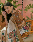 White Linen Floral Printed Saree