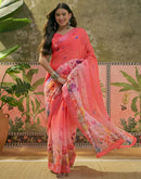 Coral Pink Linen Floral Printed Saree