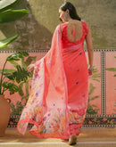 Coral Pink Linen Floral Printed Saree
