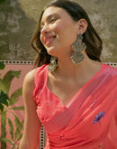 Coral Pink Linen Floral Printed Saree