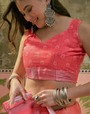 Coral Pink Linen Floral Printed Saree
