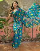Turquoise Blue Chiffon Bandhani Printed Embroidery Saree