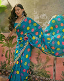 Turquoise Blue Chiffon Bandhani Printed Embroidery Saree