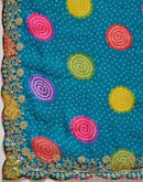 Turquoise Blue Chiffon Bandhani Printed Embroidery Saree
