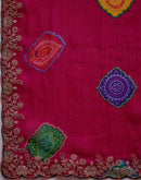 Dark Rani Pink Chiffon Bandhani Printed Embroidery Saree