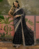 Black Chiffon Bandhani Printed Embroidery Saree