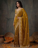 Dark Mustard Yellow Tissue Silk Embroidery Saree