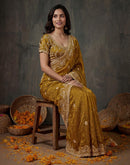 Dark Mustard Yellow Tissue Silk Embroidery Saree