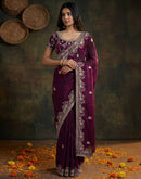 Wine Tissue Silk Embroidery Saree