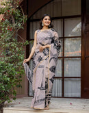 Dark Beige Linen Printed Saree