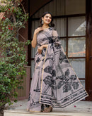 Dark Beige Linen Printed Saree