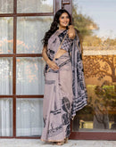 Dark Beige Linen Printed Saree