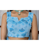 Light Blue Linen Floral Printed Saree
