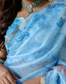 Light Blue Linen Floral Printed Saree