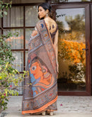Orange Linen Kalamkari Printed Saree