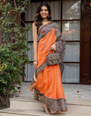 Orange Linen Kalamkari Printed Saree
