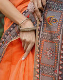 Orange Linen Kalamkari Printed Saree