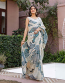 Off White Shimmer Silk Printed Saree