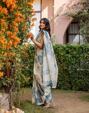 Off White Shimmer Silk Printed Saree