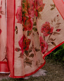 Dark Peach Linen Floral Printed Saree