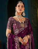 Wine Tissue Satin Sequence Embroidery Saree