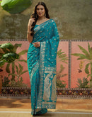 Teal Blue Silk Woven Banarasi Saree