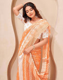 Orange Linen Bandhani Printed Saree