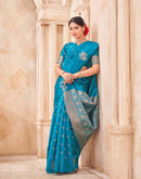 Teal Blue Silk Woven Banarasi Saree