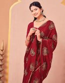 Maroon Vichitra Silk Foil Printed Saree