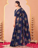 Navy Blue Vichitra Silk Foil Printed Saree