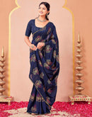 Navy Blue Vichitra Silk Foil Printed Saree