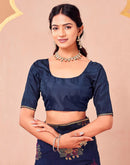 Navy Blue Vichitra Silk Foil Printed Saree