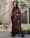Wine Georgette Foil Printed Lace Saree