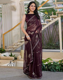 Wine Georgette Foil Printed Lace Saree