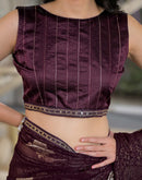 Wine Georgette Foil Printed Lace Saree