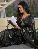 Black Georgette Foil Printed Lace Saree